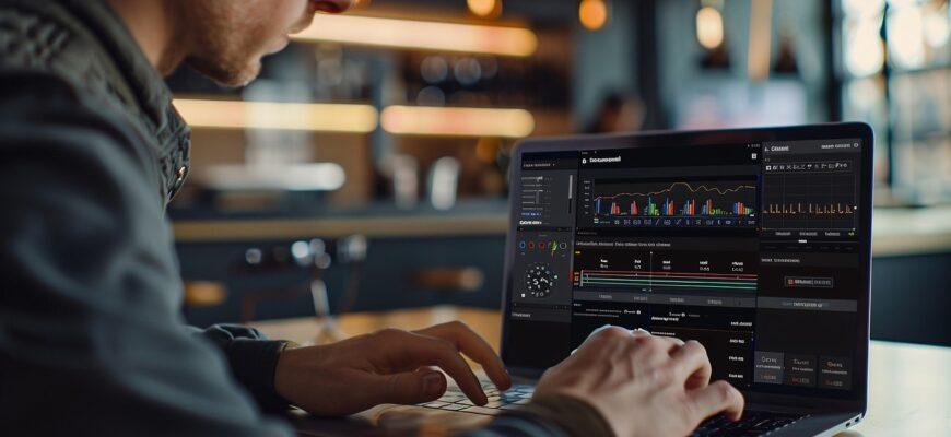 laptop, data analysis, charts, graphs, workspace, modern office, professional, technology, computer, man working, office environment, blurred background, focus, business, tech-savvy, analysis, digital, contemporary, data-driven, monitoring, screen, business analysis, office, computer screen, analytics, ai generated